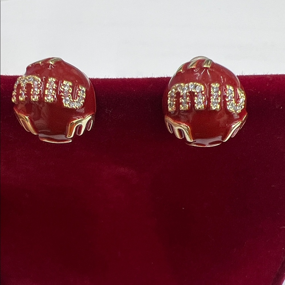 Miu Miu Red Enamel Crystal Logo Stud Earrings with Gold Accents